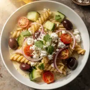 fresh greek pasta salad - featured image